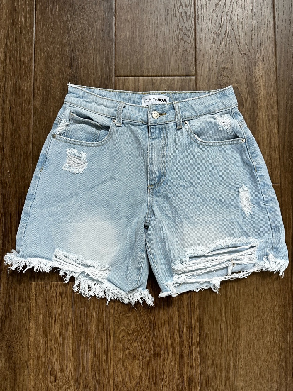Fashion Nova Light Wash Distressed High Waist Boyfriend Curvy Denim Shorts